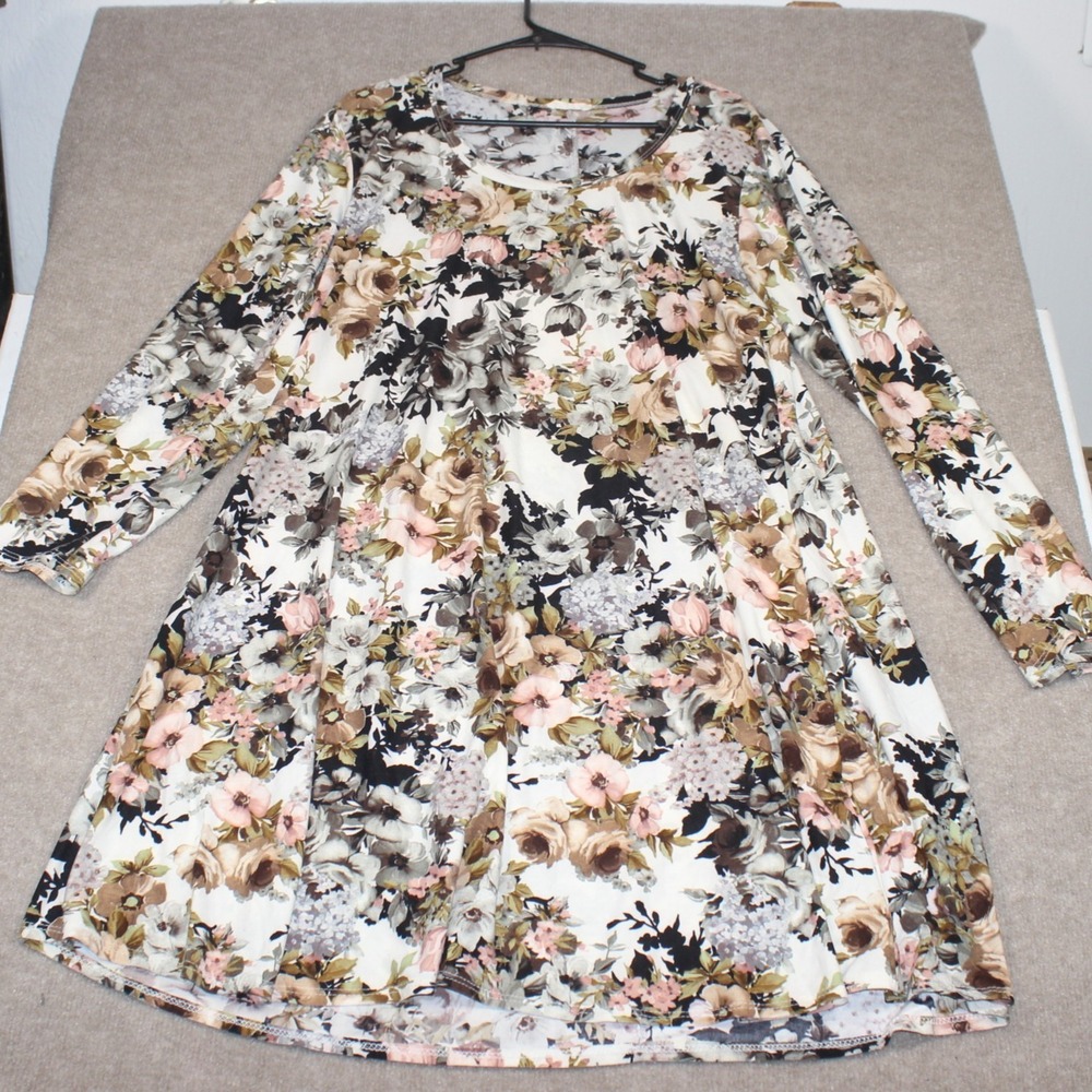 Pinc Floral Long Sleeve Tunic Dress Pink Tan Cream Crew Neck Plus Size 2X
